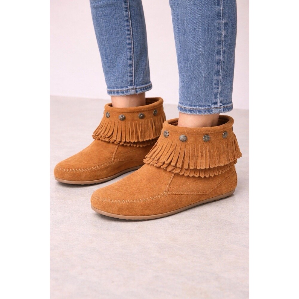 Minnetonka Double Fringe Ankle Boots Womens 7.5 Brown Suede Side Zip Moccasin